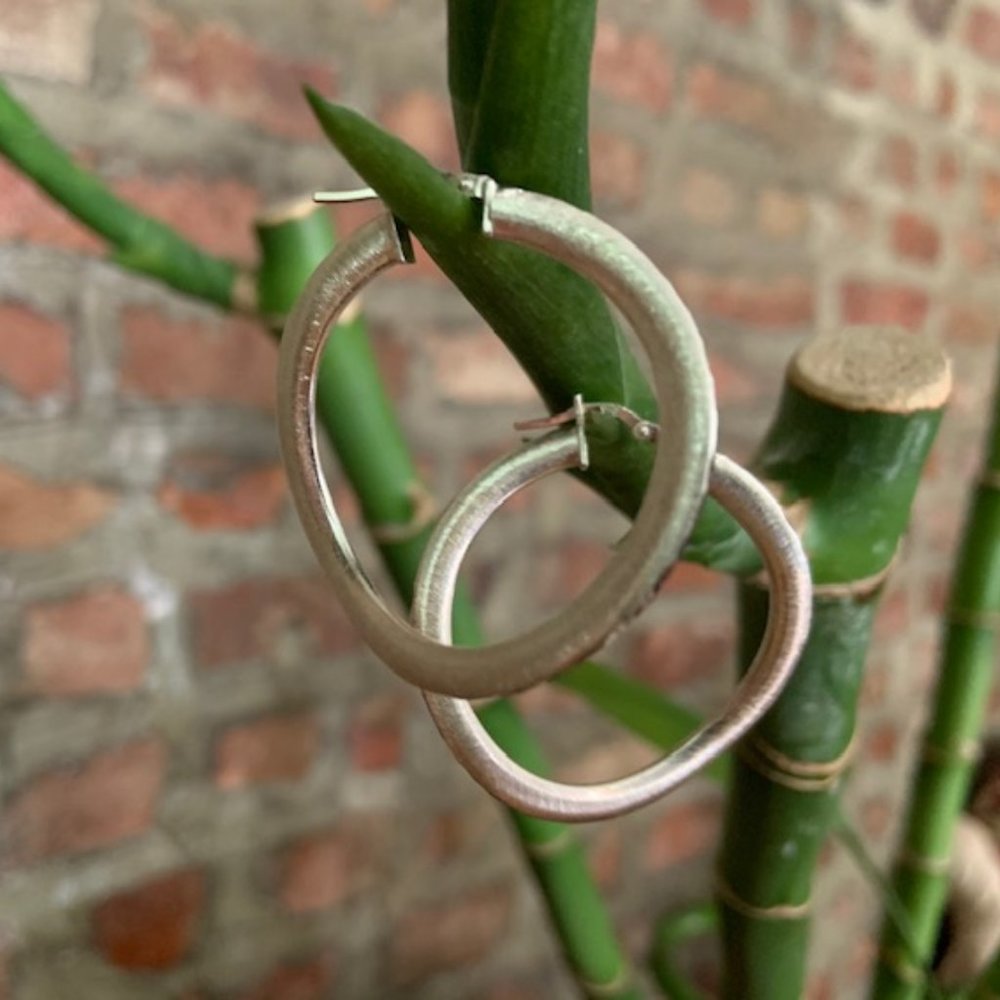 Brushed Satin Sterling Silver Hoop Earrings - Picture 7 of 12